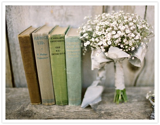 Babys breath bouquet and old books